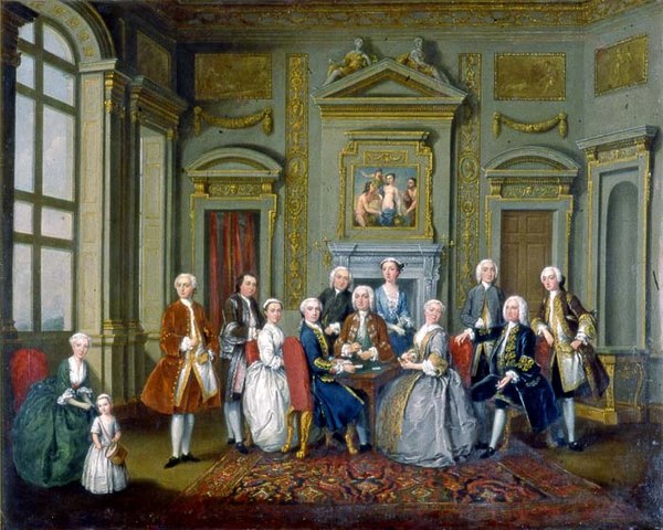 The Tylney Family in the Saloon at Wanstead by Old Nollekens, 1740. The Earl is seated at right, attended by his son John, right; his wife sits at the