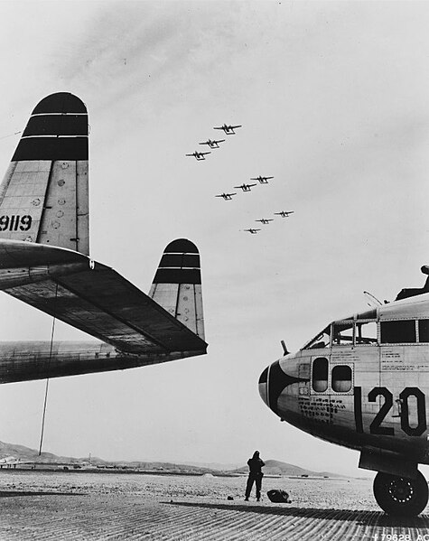 File:Operation Tomahawk, U.S.A.F. Fairchild C-119 of the 315th Air Division (Combat Cargo) fly in formation over a Fifth Air Force base in Korea, 23 March 1951.jpg