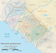 Santa Ana's location within the Orange County watershed. Orange County watershed map.png