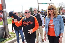 Schulz (right) campaigning with Governor Larry Hogan (center), 2022 Orioles Opening Day - 51999563948.jpg
