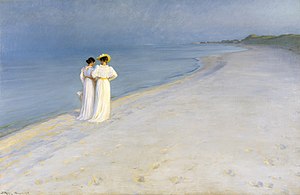 P.S. Krøyer - Summer evening on Skagen's Beach. Anna Ancher and Marie Krøyer walking together. - Google Art Project.jpg