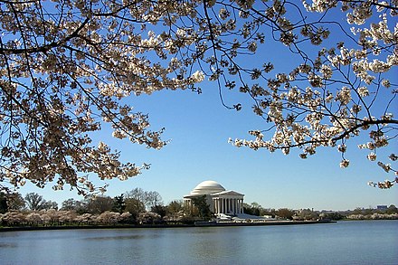 The Jefferson Memorial, as seen from across the Tidal Basin, honors Thomas Jefferson, a Founding Father, primary author of the Declaration of Independence, and the nation's third president