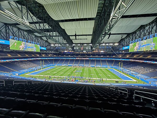 Empty Ford Field in Detroit, USA, with only cardboard fans attending an NFL game amid the COVID-19 pandemic