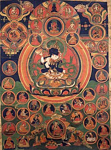 Padmasambhava com consorte Yeshe Tsogyal, emanações, gurus do Nyingma. Samantabhadra (corpo azul escuro) e Amitayus (com consorte) estão acima. Tibete, século XVII