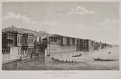 Engraving (by Melling) of Hadice Sultan's Palace on the Bosphorus, Istanbul (18th century)