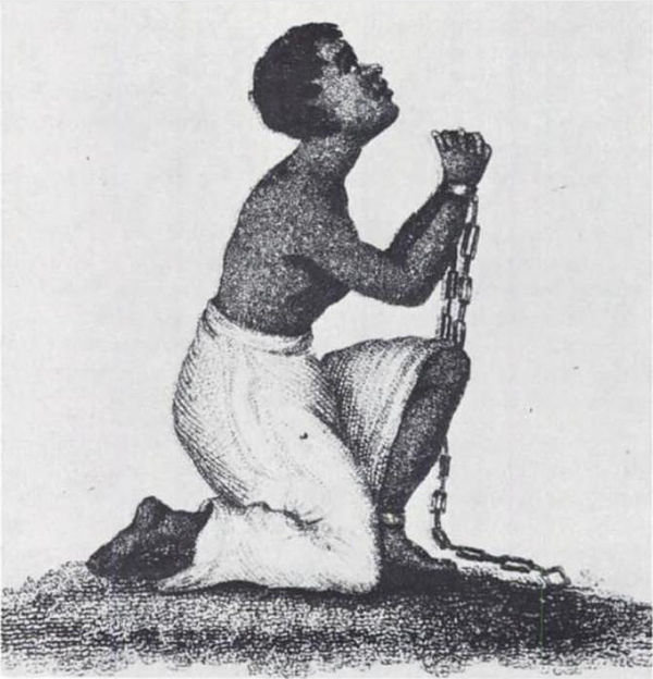 Engraving of a chained female slave by Patrick H. Reason, 1835. Often circulated with the caption "Am I not a woman and a sister?"