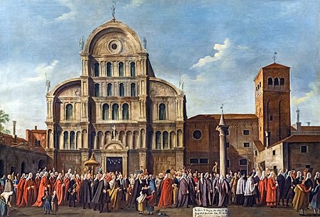 View of the church and adjoining monastery by Gabriele Bella (1790), in Pinacoteca Querini Stampalia Pinacoteca Querini Stampalia - Visita del Doge a San Zaccaria nel giorno di Pasqua - Gabriele Bella.jpg