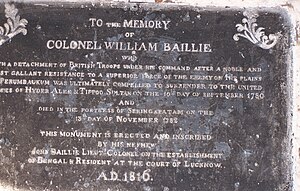 Plaque of the William Baillie Memorial, Seringapatam.JPG