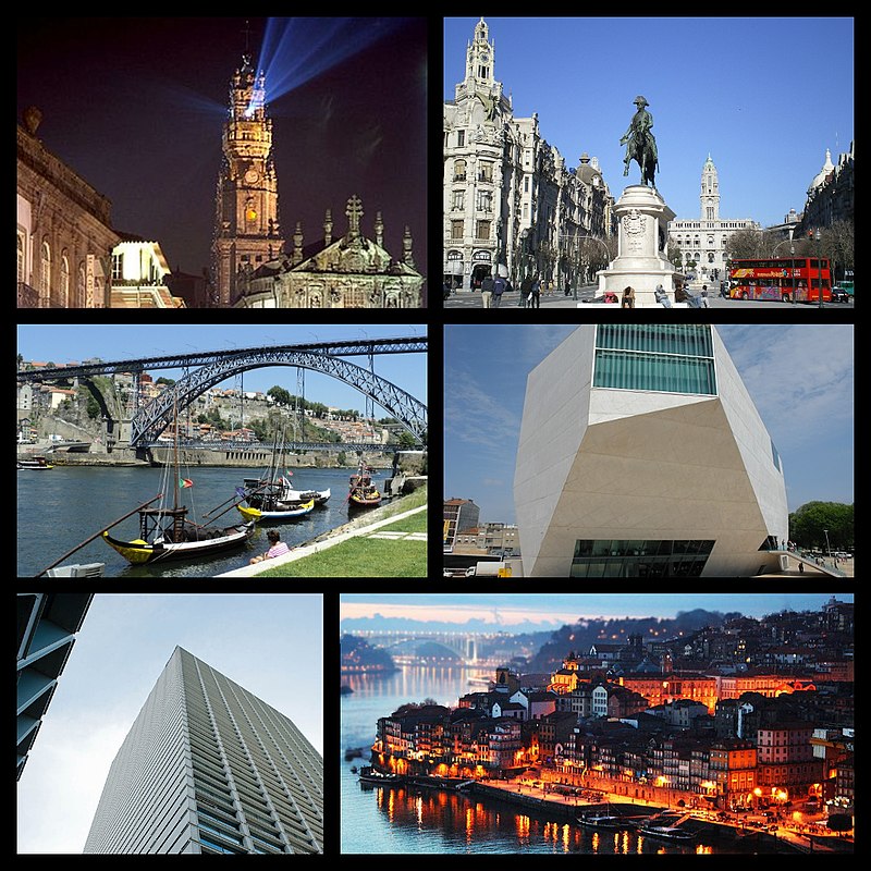 From the top left corner clockwise: Clérigos Church and Tower; Avenida dos Aliados; Casa da Música concert hall; Ribeira district; Avenida da Boavista business hub; Luiz I bridge and Porto from Vila Nova de Gaia