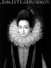 Retrato em preto e branco de uma mulher com busto em traje renascentista