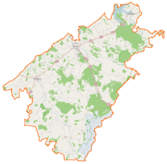 Mapa konturowa powiatu grajewskiego, u góry znajduje się punkt z opisem „Parafia pw. św. Ojca Pio w Grajewie”