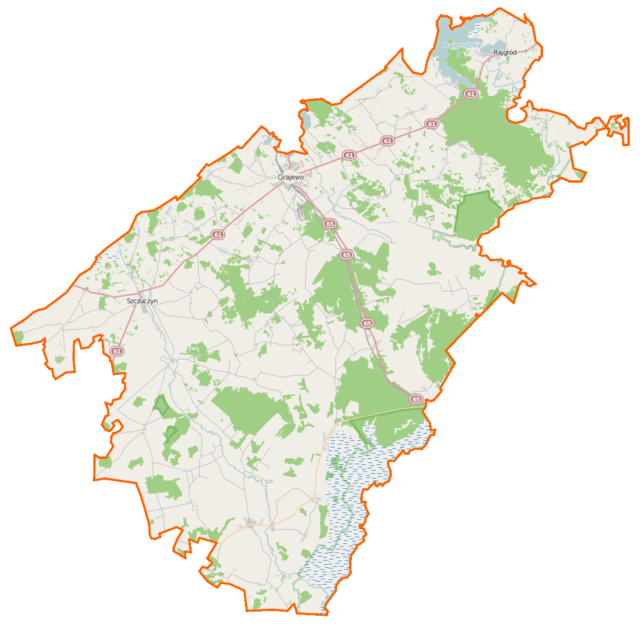 Mapa konturowa powiatu grajewskiego, blisko górnej krawiędzi po prawej znajduje się punkt z opisem „Rajgród”