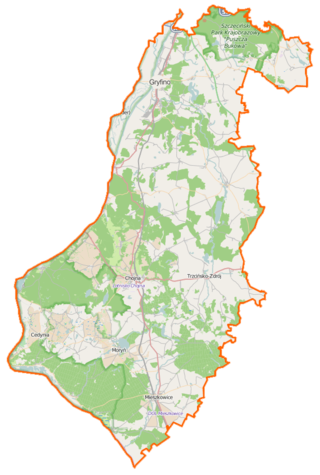 Mapa konturowa powiatu gryfińskiego, na dole po lewej znajduje się punkt z opisem „Cedynia”