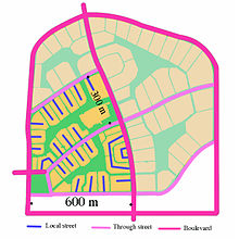 A diagram showing the street network structure of Radburn and its nested hierarchy. (The shaded area was not built) Radburn Cellular Street Pattern.jpg