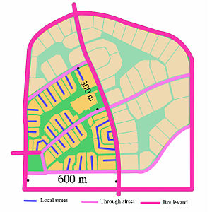 A diagram showing the street network structure of Radburn and its nested hierarchy. (The shaded area was not built) Radburn Cellular Street Pattern.jpg