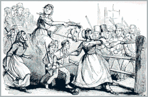 Depiction of Welsh labourers dressed in women's clothing within the Rebecca Riots, Illustrated London News 1843 RebeccaRiots.gif