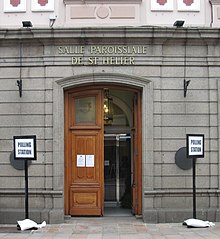 St Helier Town Hall being used as a polling station for the 2013 electoral reform referendum Referendum Jersey 2013.jpg