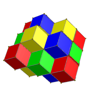 Rhombic dodecahedral honeycomb 4-color.gif