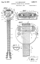 (Left): Rickenbacker 330JG; (right): sketch of Rickenbacker "frying pan" lap steel guitar from 1934 patent application