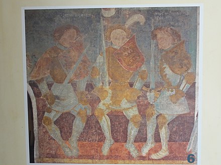 Fresco of the heroes Dietrich von Bern, Siegfried, and Dietleib. Runkelstein Castle, near Bozen, South Tyrol, c. 1400.