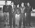 Crew of "The Ruptured Duck" (B-25 Doolittle Raider) Crew No. 7 (B-25 #40-2261: target Tokyo) Front Row L-R, Lt. Ted W. Lawson, pilot; Lt. Dean Davenport, copilot; Back Row L-R, Lt. Charles L. McClure, navigator; Lt. Robert S. Clever, bombardier and Sgt. David J. Thatcher, flight engineer/gunner. (U.S. Air Force photo)