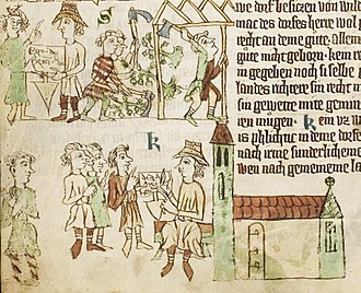 A scene from the Sachsenspiegel shows a lokator (in hat) during the German Ostsiedlung around 1300 Sachsenspiegel-Ostsiedlung.jpg