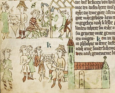 Sachsenspiegel depicting the Ostsiedlung. A Lokator receives the foundation charter from the landlord and acts as village judge. Settlers clear forests and build houses.