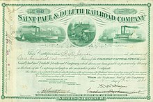 Share of the Saint Paul & Duluth Railroad Company, issued 14. November 1888 Saint Paul & Duluth RR 1888.jpg