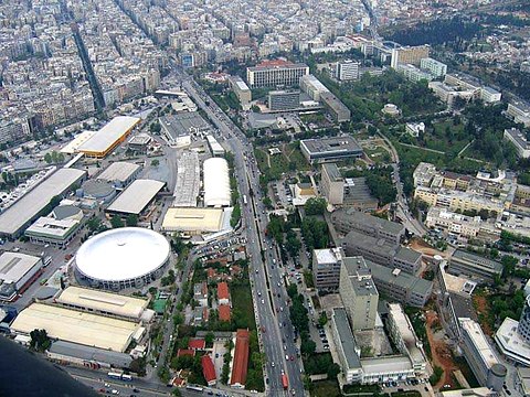 Aerial view of the campus of the Aristotle University of Thessaloniki (to the right), the largest university in Greece and the Balkans
