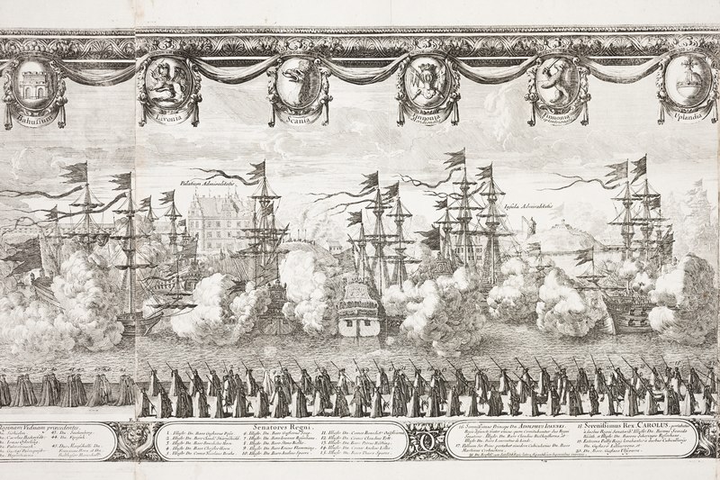 File:Saluterande örlogsfartyg vid Karl X Gustavs begravningståg, 1660-talet - Livrustkammaren - 108753.tif