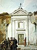 A painting of a nineteenth-century church facade. The facade is white-washed, in a late-classical style. Men in period dress are shown chatting in front.