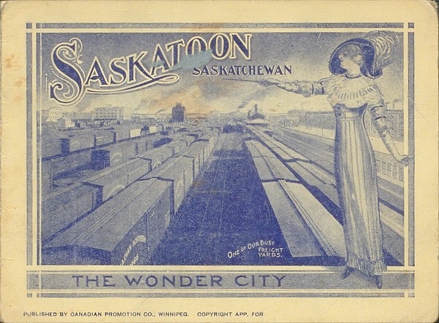 Small booklet depicting a woman standing over a busy trainyard in Saskatoon (Source: https://archive.org/details/prairiepromisespostcard_109)