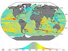 A map of sea-level anomaly measurements from March and April 2016, acquired by the SRAL instrument on the Sentinel-3A satellite Sea-level variations from Sentinel-3A ESA359994.jpg