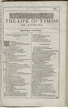 First page of Timon of Athens, printed in the Second Folio of 1632 Second Folio Title Page of Timon of Athens.jpg