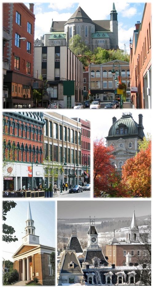 From top, left to right: Downtown Sherbrooke, Wellington Street, Sherbrooke City Hall, Plymouth-Trinity United Church, clocktower at the Sherbrooke History Museum