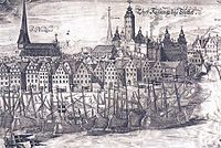 Bollhuset, links von der Burg Tre Kronor (Radierung von Wolffgang Hartmann, ca. 1650)