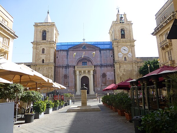 The façade of St. John's Co-Cathedral being restored in 2014