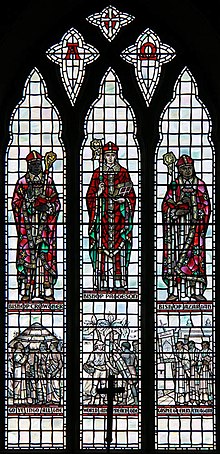 Stained glass window in St Mark's Church, Bromley, with Crowther on the left, next to John Patteson and Vedanayagam Samuel Azariah. Below Crowther is a depiction of his mission