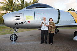 Marshall and his wife stand next to a static F-86 display dedicated in his honor, at Hickam AFB, Hawaii (2011) Static F-86 display dedicated to Korean War ace.JPG