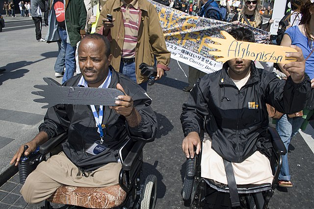 Demonstrators at the May 2008 Dublin Diplomatic Conference on Cluster Munitions that produced the Convention on Cluster Munitions.