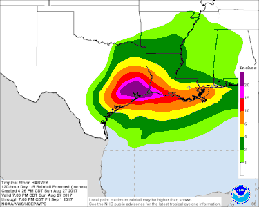 Rainfall potential of subtropical storm Harvey from 27 August to 1 September