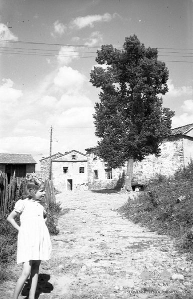 File:Tatre, lipa s kamnito mizo, nekaj hiš in punčka, ki je mislila, da spada zraven 1955.jpg