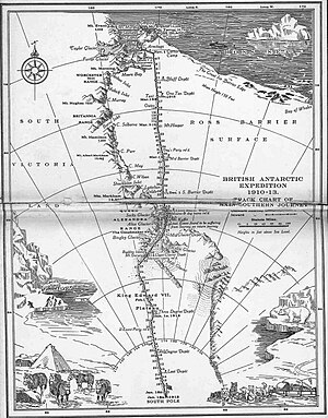 Chart of Scott's polar journey showing the successive Barrier, Glacier and Polar plateau stages. Supply depots are indicated by flag symbols