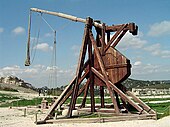 The trebuchet, a siege engine from the medieval era, that could launch some two projectiles per hour at a target. Trebuchet.jpg