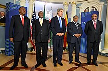 US Secretary of State John Kerry meets with President Uhuru Kenyatta of Kenya, President Yoweri Museveni of Uganda, President Ismail Omar Guelleh of Djibouti, and Prime Minister Hailemariam Desalegn of Ethiopia to discuss the situation in South Sudan at the US Department of State in Washington, D.C., on 5 August 2014 U.S.-Africa Leaders Summit South Sudan Meeting.jpg