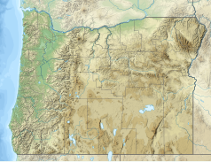 Mapa konturowa Oregonu, po lewej znajduje się punkt z opisem „źródło”, natomiast u góry po lewej znajduje się punkt z opisem „ujście”