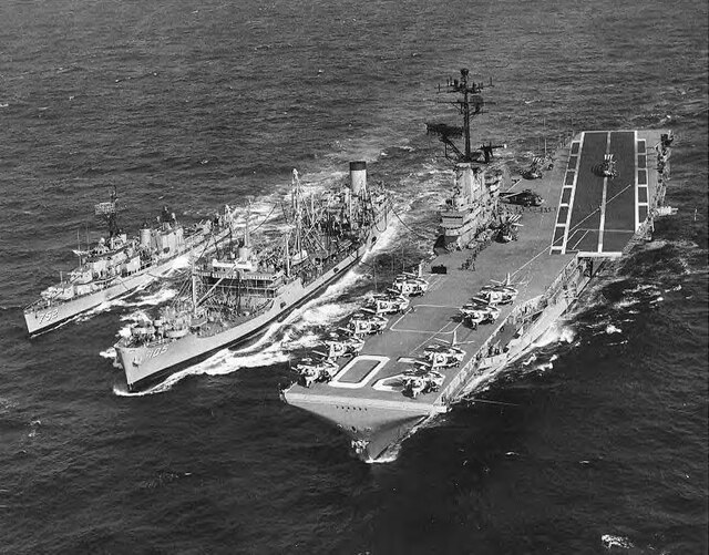 Mispillion (middle) a T3-S2-A3 tanker, fueling USS Bennington and USS Alfred A. Cunningham in 1963