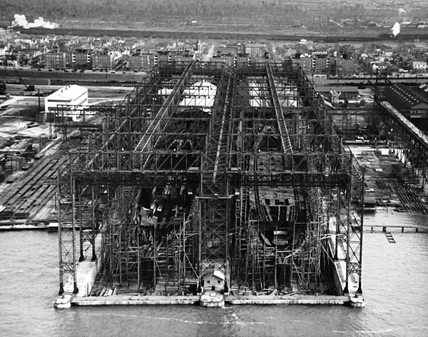 Enterprise (left) and Yorktown under construction at Newport News, c. 1936