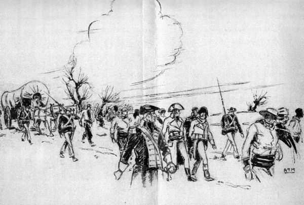 A 20th-century illustration depicting United States Marines escorting French prisoners