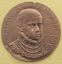 Christian of Saxony as a prince, medal, 1574 Valentin maler, cristiano del sachsen, 1574.JPG